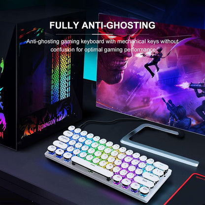 60% Mechanical Keyboard, Gaming Keyboard for PC, Wired Mini White Keyboaed Compact RGB LED Backlit, Retro Computer Keyboard Typewriter Style round Keycap for PC Gamer/Office, 61 Keys